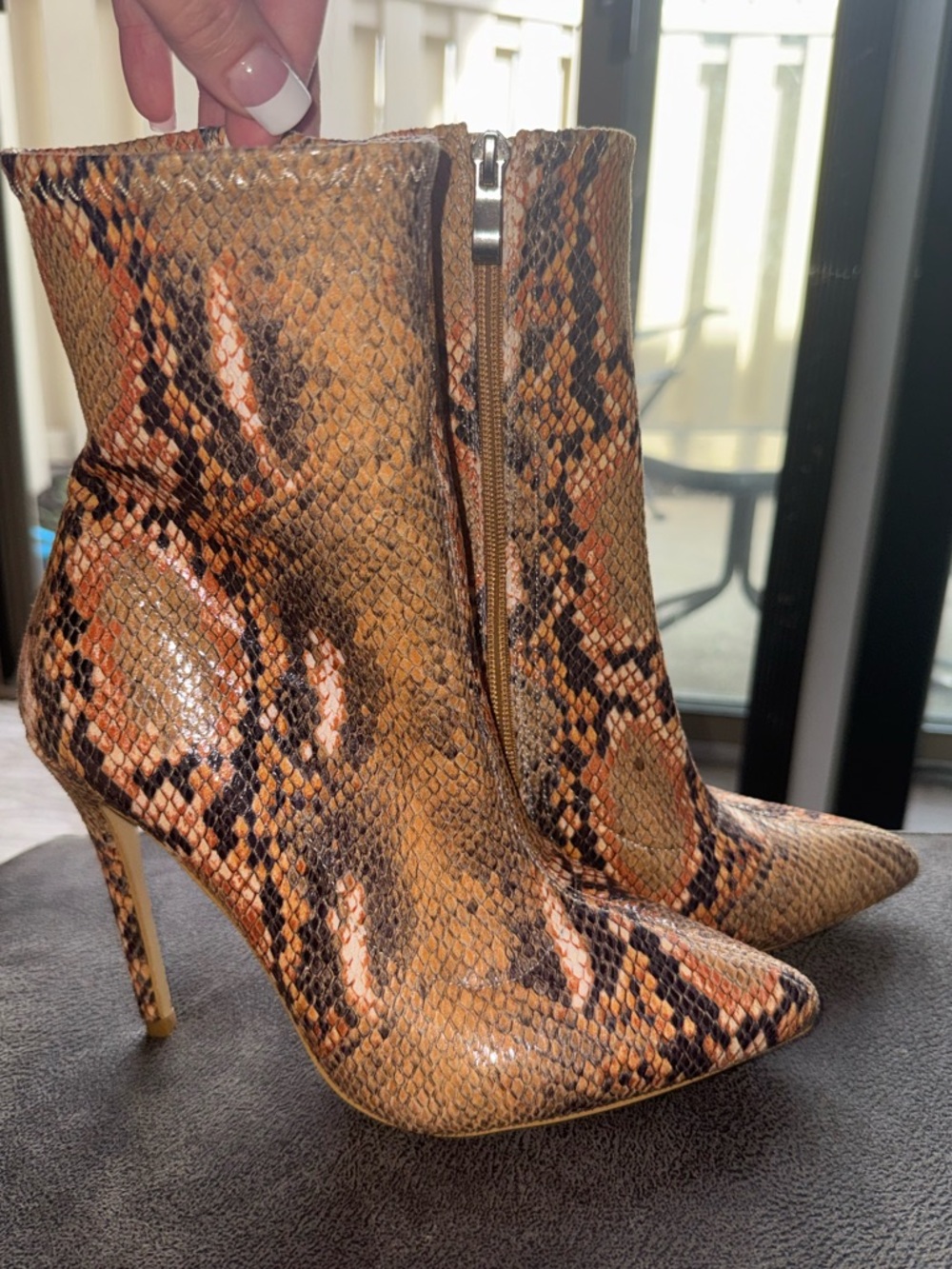 Snake-Print Pointed Toe Ankle Boots in Tan